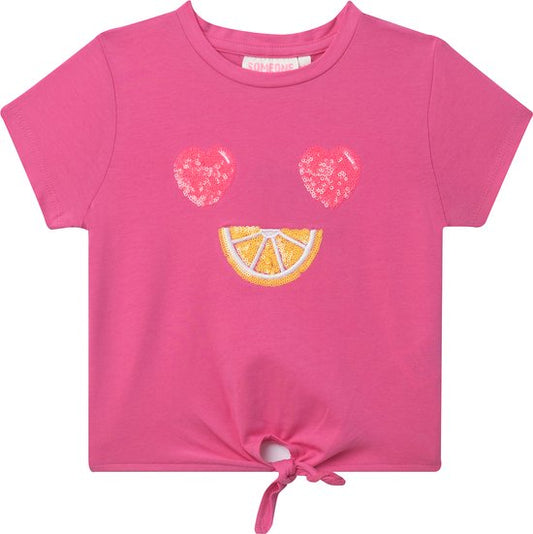 194651 - Bluzë fëmijësh "Smiley Lemon" rozë me detaje xixë dhe lidhëse. Madhesia 122