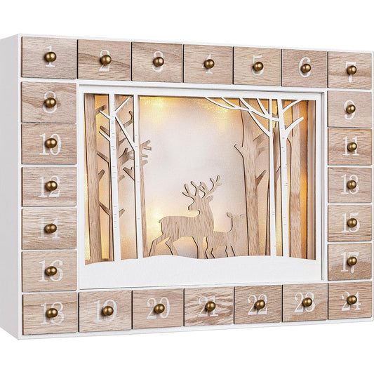 200938 - SPIELWERK® Kalendar i Adventit për Vetëmbushje, Peizazh Dimëror, i Qëndrueshëm, LED i Bardhë i Ngrohtë, 24 Dyer, Prej Druri, i Ripërdorshëm, i Përshtatshëm për Fëmijë