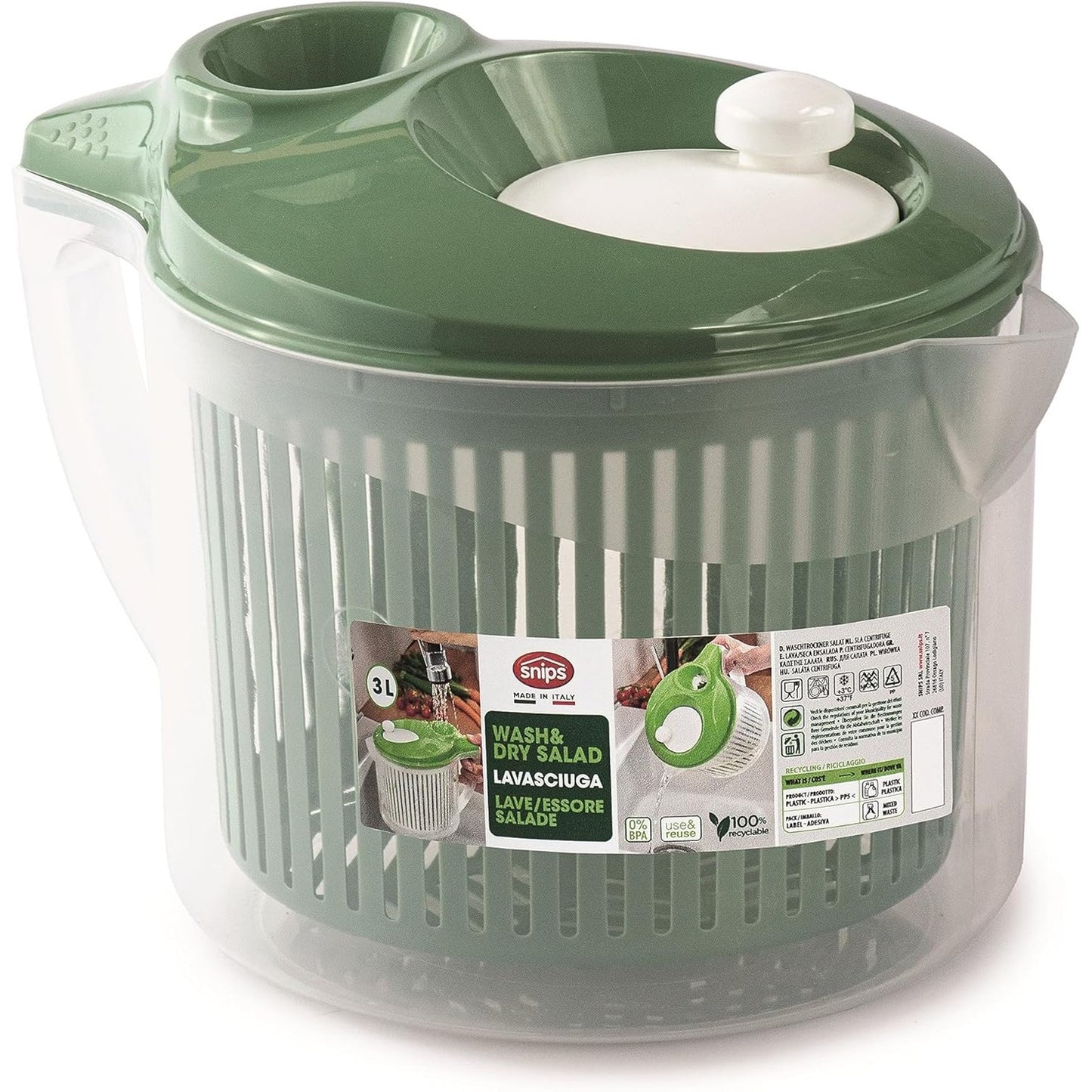 247531 - Lavatrice sallatash Snips, Enë për qepje sallatash me kapak, 3 L, 19.5 x 26.5 x 19 cm, jeshile dhe e bardhë, Prodhuar në Itali