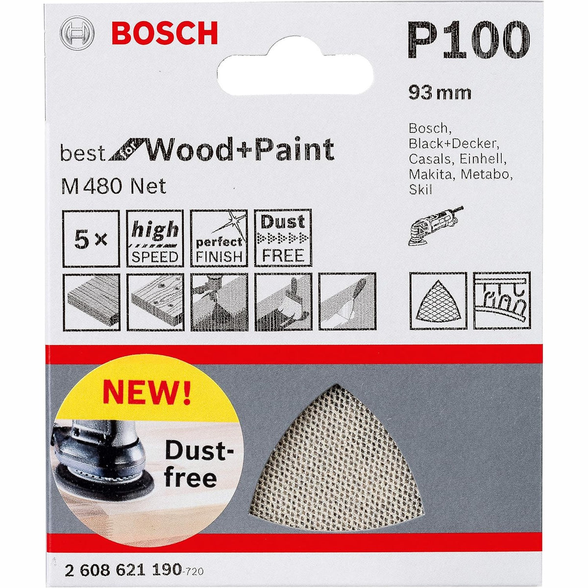 335497 - BOSCH PROFESSIONAL Trekëndësh lëmues M480 4 pjesë për dru dhe bojë, grimcë P100, aksesor për makina lëmuese delta