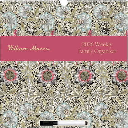 267114 - William Morris Kalendar Muri 2026, Planifikues Mujor me 5 Kolona, Mbulesë të Fshirshme, Lista Blerjesh dhe Detyrash