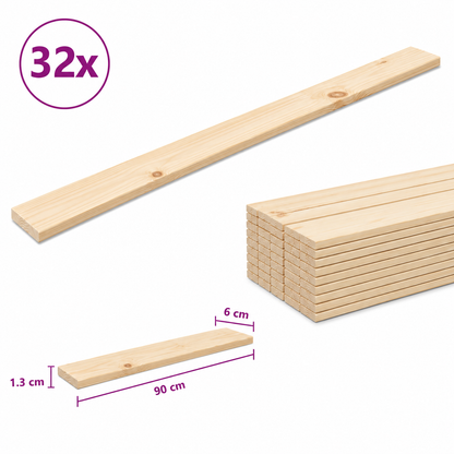 280554 - vidaXL Set me 32 Dërrasa Mbështetëse për Shtrat 90 × 6 × 1.3 cm, Dru Pishe Natyrale Masive