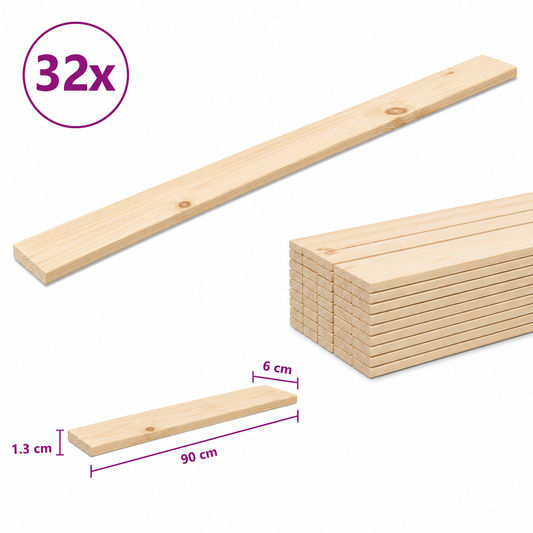 280554 - vidaXL Set me 32 Dërrasa Mbështetëse për Shtrat 90 × 6 × 1.3 cm, Dru Pishe Natyrale Masive