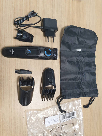 315732 - BRAUN Prerëse mjekre Series 3, Prerëse elektrike për burra, 6 aksesorë, teh ultra i mprehtë, jetëgjatësi baterie 50 minuta, makinë rroje mjekre pa tel, 40 cilësime gjatësie, model BT3565, ngjyra e zezë/blu