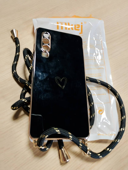 269533 - MKEJ Mbrojtëse për Huawei P30 me kordon varëse, TPU me model zemre, kordon varëse të rregullueshëm, e zezë ari