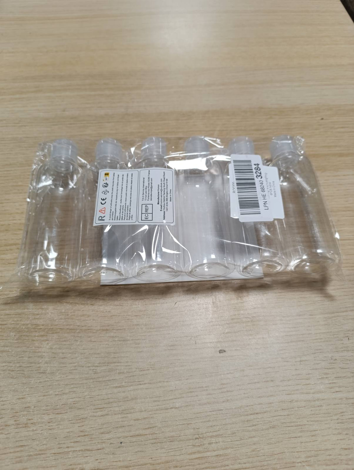 318657 - ROMON Set shishesh udhëtimi plastike transparente me 6 copë 100ml, 2 kanale, 24 etiketa udhëtimi, aksesorë për bagazhe dore, lëngje dhe kozmetikë