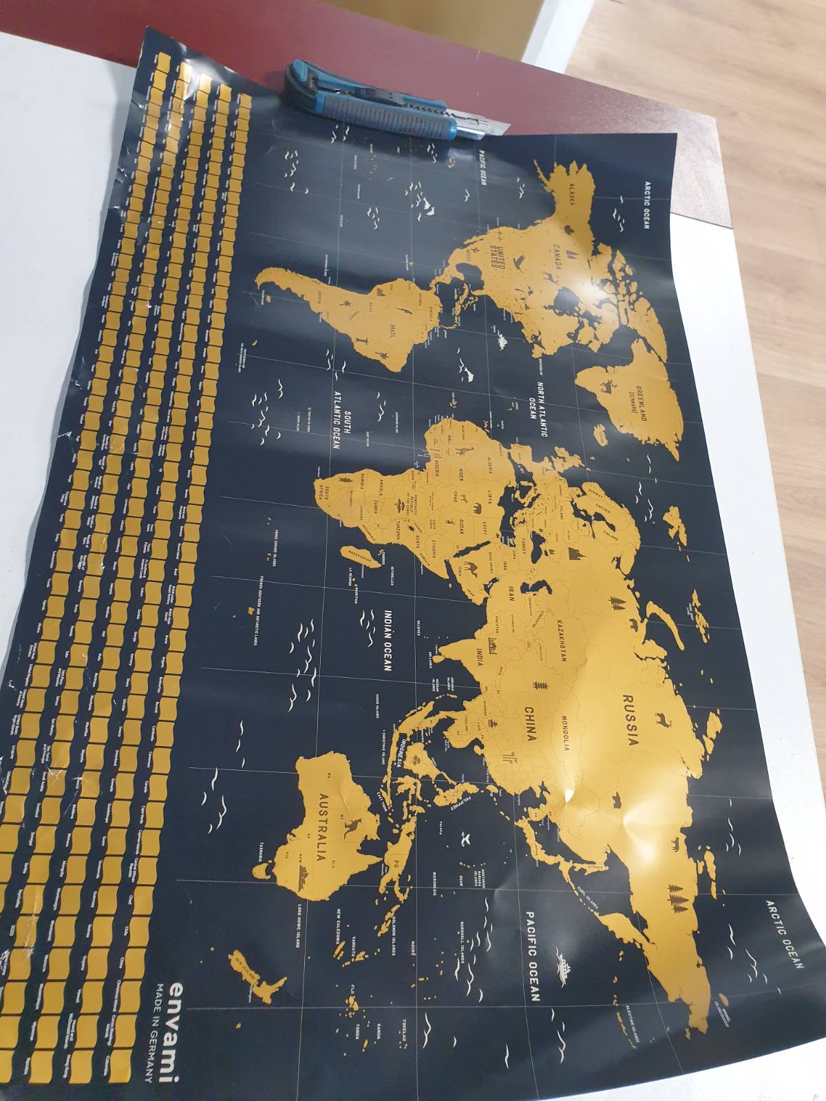 273983 - ENVAMI® Harta e Botës me Gërvishtje, prodhuar në Gjermani, 68 x 43 cm, ar, hartë muri udhëtimi, poster harte me gërvishtje, dhuratë udhëtimi për udhëtarët