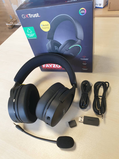 295641 - GXTRUST 491 FAYZO CUFFIE GAMING WIRELESS BLUETOOTH + 2.4 GHZ, AUDIO SURROUND 7.1, BATERI 22 ORË, 85% PLASTIKË E FORTË, RGB CUFFIE BLUETOOTH OVER EAR PC PS5 PS4 SWITCH - NERO