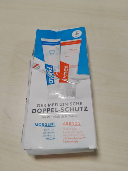 303896 - ARONAL & ELMEX Pastë Dhëmbësh me Mbrojtje të Dyfishtë 2x75ml – Pastrim Mjekësor Dentar me Mbrojtje të Dyfishtë për Mishrat e Dhëmbëve dhe Mishrat e Dhëmbëve – Forcon Dhëmbët Kundër Kariesit për Përdorim në Mëngjes dhe në Mbrëmje