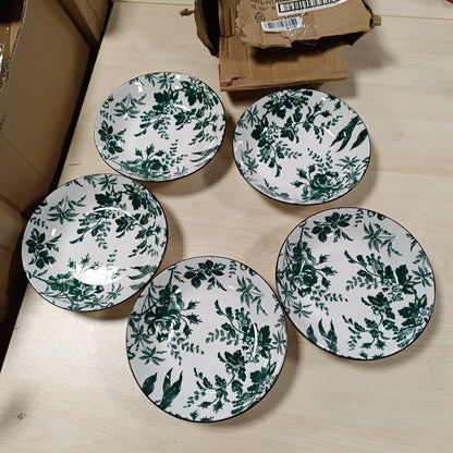 184015 - H&H - Set me 6 Pjata të Thella Margaret Porcelan, Dekoruar me Jeshile dhe Skaje të Zeza, Diametri 20cm, I Përshtatshëm për Lavastovilje dhe Mikrovalë