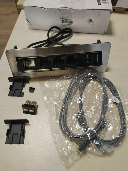 295638 - ELBE Prizë energjie e tërheqshme për tavolinë Inno (3 priza & 2 USB & 2 RJ45), prizë me shumë priza me mbulesë gjysmë-automatike për zyrë, prizë energjie e futur në inkaso prej alumini me pamje të zezë dhe gri