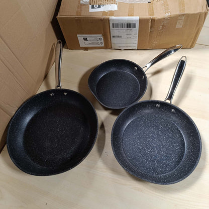 187154 - GRANITESTONE PRO - Set i Anodizuar i Fortë me Tiganë 8,10 & 12, Enë Gatimi, pa PFOA 100%, të Sigurta për Furrë, Lavastovilje dhe Enë Metalike, me Doreza Inox, të Zeza, Tiganë Ultra Jo-ngjitës, 3 copë