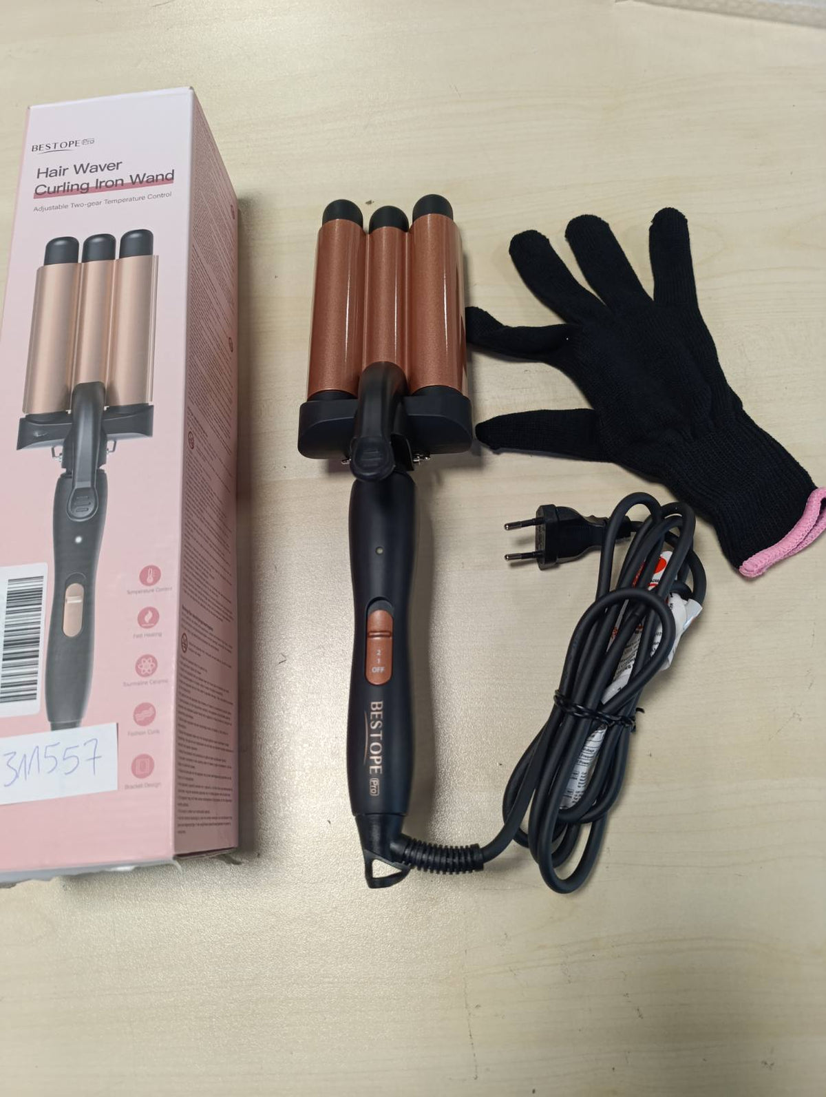 311557 - BESTOPE PRO Hekur për kaçurrela, Hekur kaçurrela me 3 tuba, Drejtues flokësh qeramik, Hekur me valë të shpejtë nxehtësie