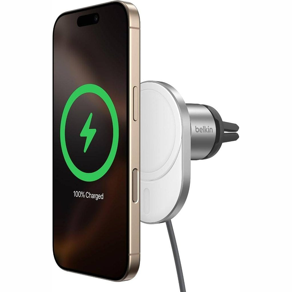 295048 - Karikues wireless për makinë Belkin BoostCharge Pro me përputhshmëri MagSafe, karikim të shpejtë 15W dhe mbajtëse magnetike ekstra të fortë për ventilatorin e makinës, për iPhone 12,13,14,15,16,17 – e bardhë.