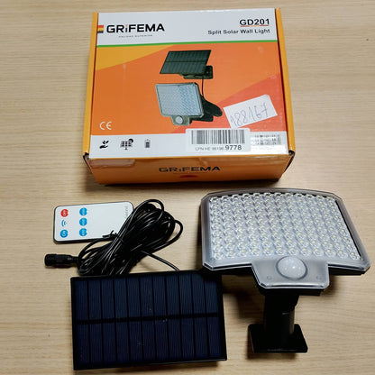 188167 - GRIFEMA Dritë Diellore e Jashtme me Sensor Lëvizjeje, 108 LED, 3 Modalitete, Kapaciteti i Baterisë 1500mAh, Panel Diellor dhe Telekomandë, Rezistueshmëri ndaj Ujit IP65, Përshtatshme për Kopsht, Garazh, Verandë