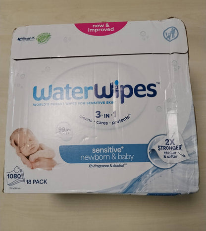 301678 - WATERWIPES Peceta Sensitive+ për të porsalindur dhe bebe, 1080 copë (18 pako), 99.9% ujë, pa aromë