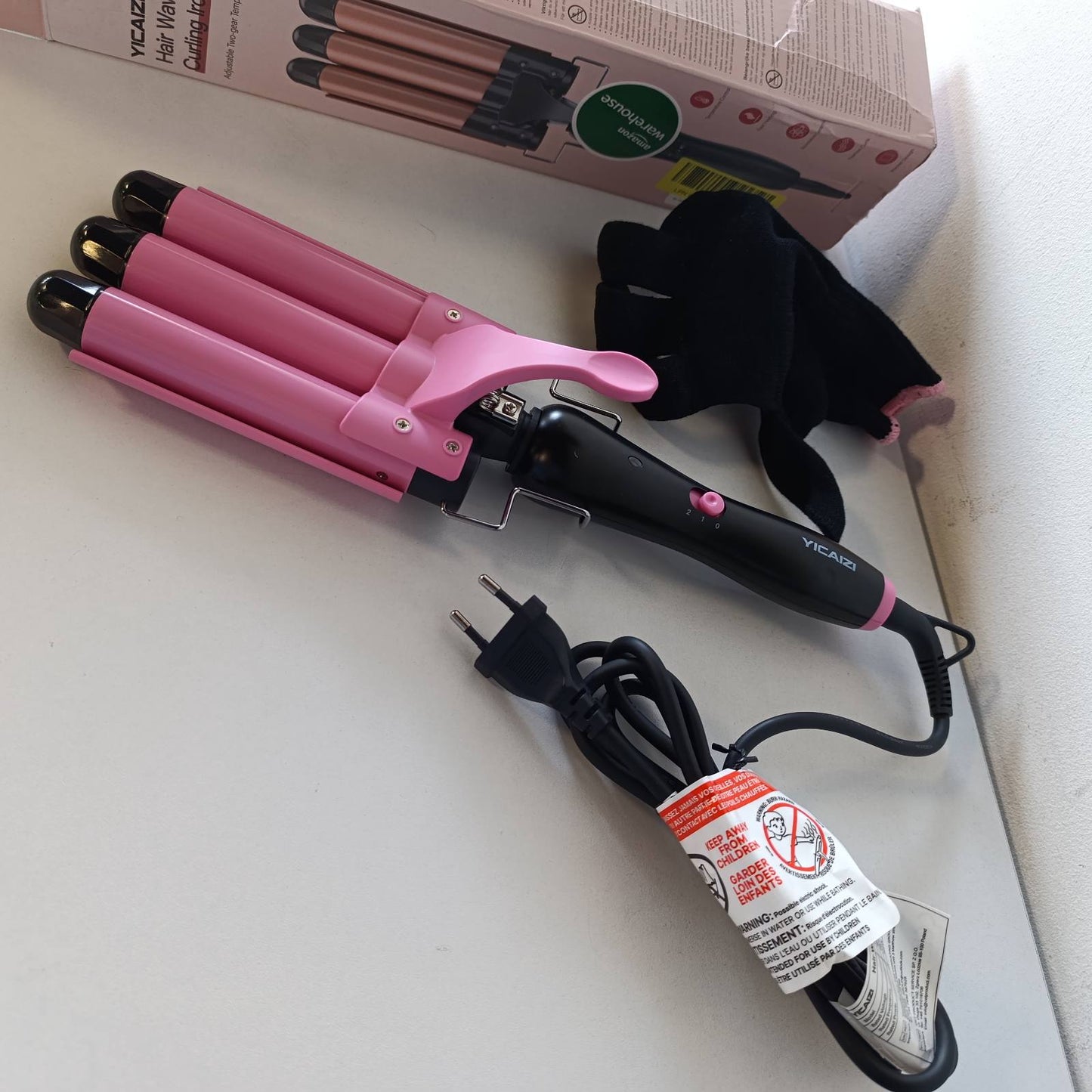 321278 - Hekur kaçurrelash flokësh me 3 fuçi për valë plazhi, 25 mm, qeramik me temperaturë të rregullueshme, ngrohje të shpejtë, dorezë, rozë