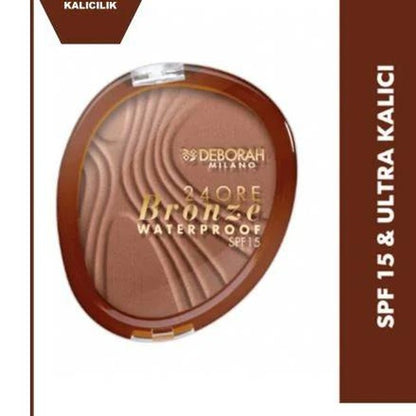 158677 - Deborah 24Ore Bronzer Nr. 02 Medium Rose – Pudër bronzuese kompakte për fytyrë me nuancë Rozë Mesatare (Medium Rose), për një pamje natyrale të nxirë, me përfundim mat, SPF 15 dhe formulë rezistente ndaj ujit.