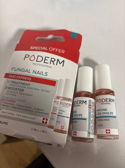 321139 - PODERM Trajtim 2-në-1 për kërpudhat e thonjve të këmbëve, Pako Duo - Serum dhe përforcues, 100% Natyral