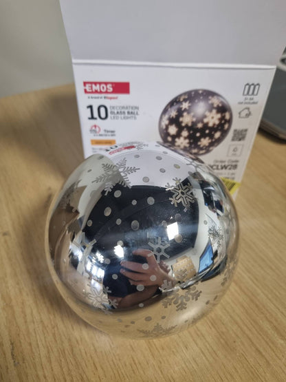 162647 - Dekorim – Ornament Krishtlindjesh prej qelqi me 10 LED, 12 cm, funksionon me 3 bateri AA, dritë e bardhë e ngrohtë, IP20, me kohëmatës.