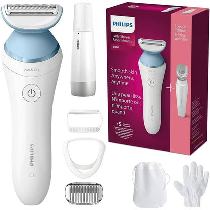 296616 - PHILIPS Lady Shaver Series 8000, Makinë rroje pa tel për pastrim të lagësht dhe të thatë, përfshirë 5 aksesorë dhe heqës qimesh të fytyrës (Modeli BRL166/91).