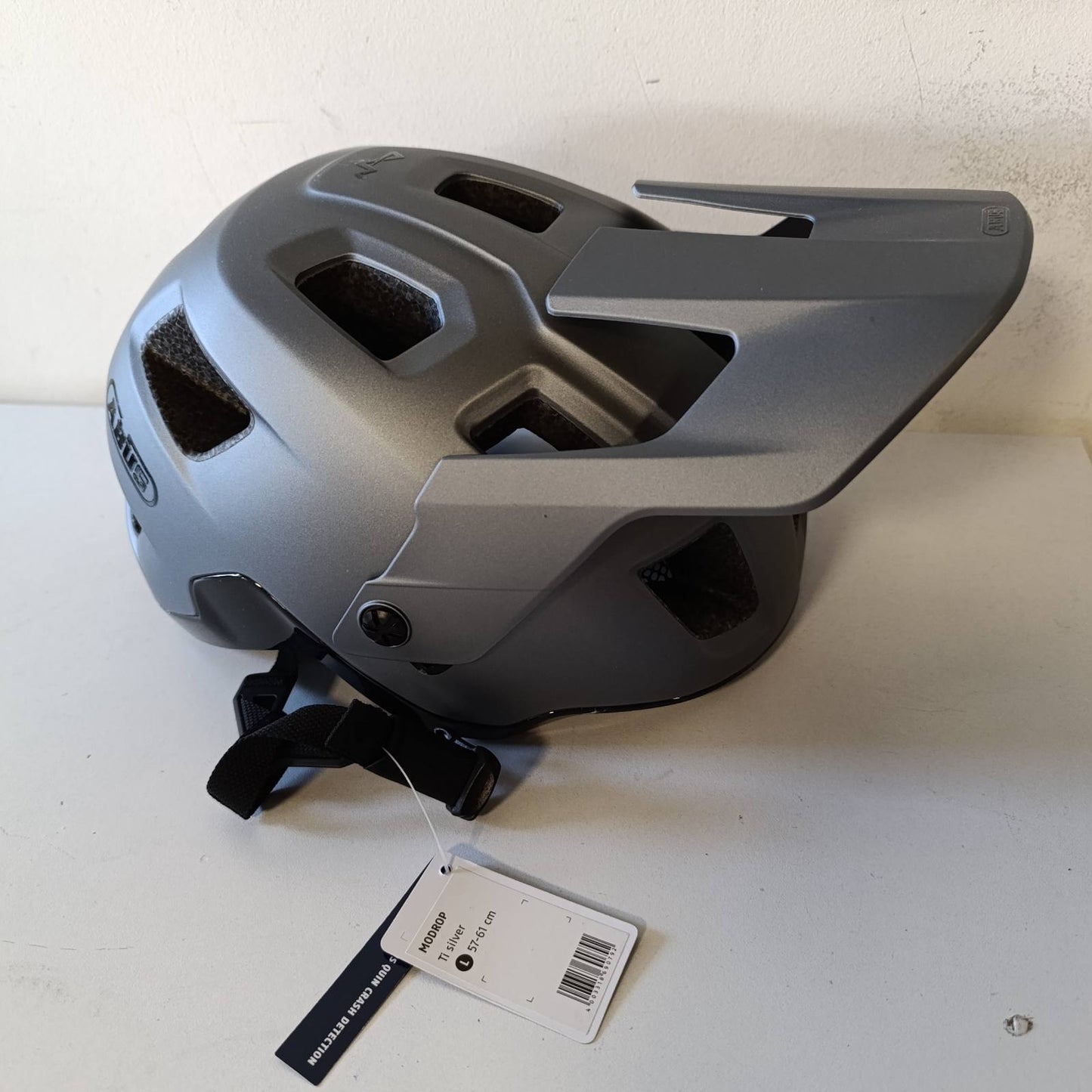 292279 - ABUS Helmetë MoDrop MTB - Helmetë për biçikletë, ventilim i mirë, Përshtatje individuale, Unisex, Argjend, Madhësia L