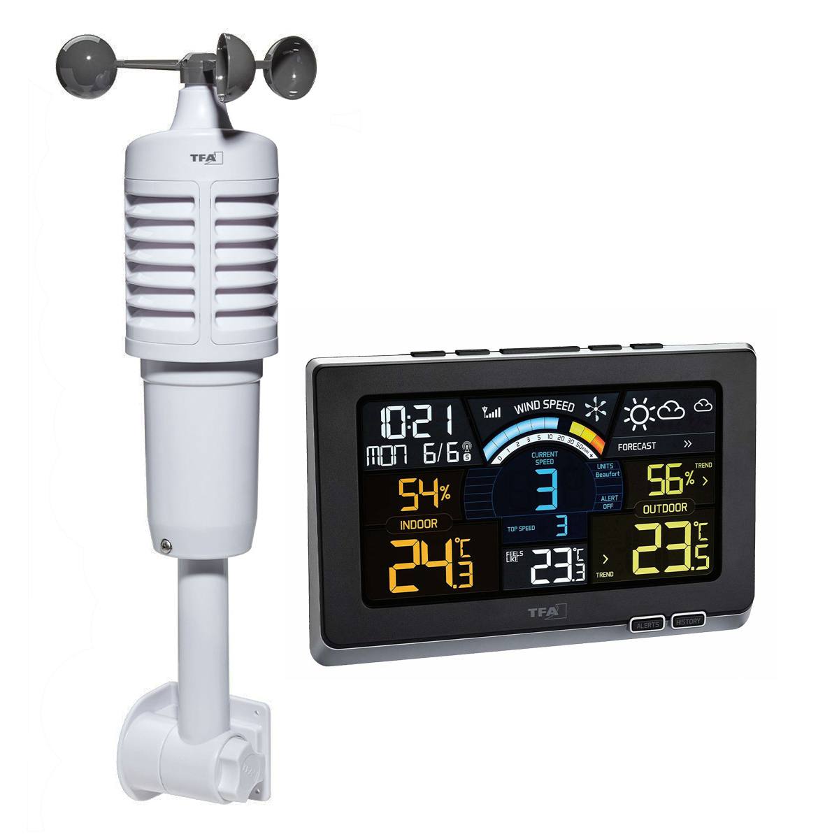 221256 - TFA DOSTMANN Stacion Meteorologjik Pa Tel Spring Breeze 35.1140.01 me Anemometer, Ekran Ngjyrash, Parashikim Moti, Sinjal Alarmi, Orë Radio, Historik, Shpejtësi Ere, Pikë Vesë, në Ngjyrë të Zezë