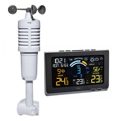 221256 - TFA DOSTMANN Stacion Meteorologjik Pa Tel Spring Breeze 35.1140.01 me Anemometer, Ekran Ngjyrash, Parashikim Moti, Sinjal Alarmi, Orë Radio, Historik, Shpejtësi Ere, Pikë Vesë, në Ngjyrë të Zezë