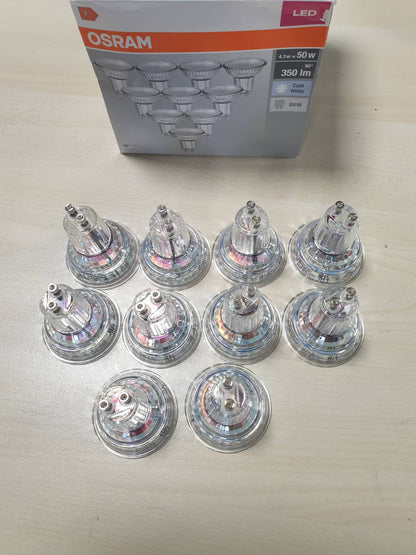 184764 - OSRAM Llambë LED Reflektuese PAR16, Bazë GU10, Paerrësueshme, Zëvendëson 50Vat, Kënd Rrezeje 36°, Ngjyra e Bardhë e Ftohtë - Kelvin, Pako Prej 10 Copë