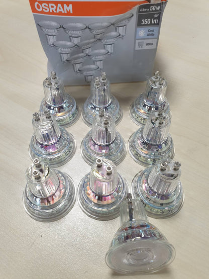 184763 - OSRAM Llambë Reflektuese LED BASE PAR16, Bazë GU10, E Paerrësueshme, Zëvendëson 50 Vat, Kënd Rrezeje 36°, Ngjyrë e Bardhë e Ftohtë - Kelvin, Pako me 10 Copë