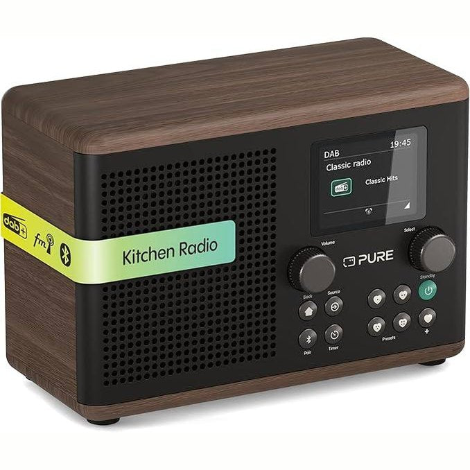 158652 - Pure Classic H4 Radio Dixhitale për Kuzhinë (DAB+/FM, Bluetooth, USB, AUX, Kohëmatës Kuzhine, Alarm), Ngjyrë e zezë kafe (Coffee Black) / Dru arre (Walnut).