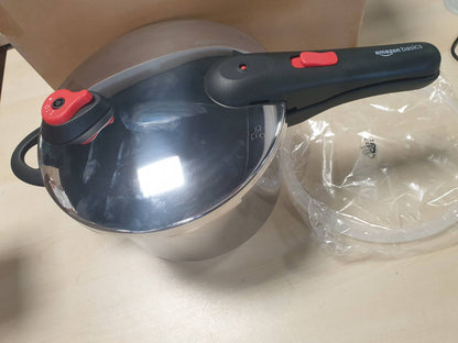 195220 - AMAZON BASICS Tenxhere me presion prej çeliku inoks, 6L, me avullore, e pajtueshme me induksion, në ngjyrë argjendi