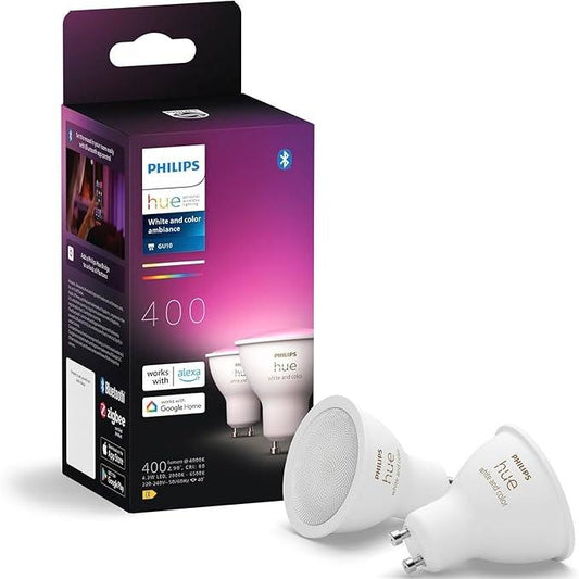 221055 - PHILIPS Hue GU10 Spot LED, Pako prej 2 Llambave LED të Bardhë të Ngrohtë (400lm), për Sistemin e NdriÃ§imit Hue, Kontroll Inteligjent të Dritës nëpërmjet Zërit dhe Aplikacionit