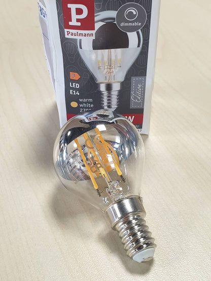 186692 - PAULMANN Llambë LED me Filament 28667, Dizajn me Pika, 4.8W, Reflektor Argjendi, 2700K E Bardhë e Ngrohtë, E Zbehtë, Gjysma E14