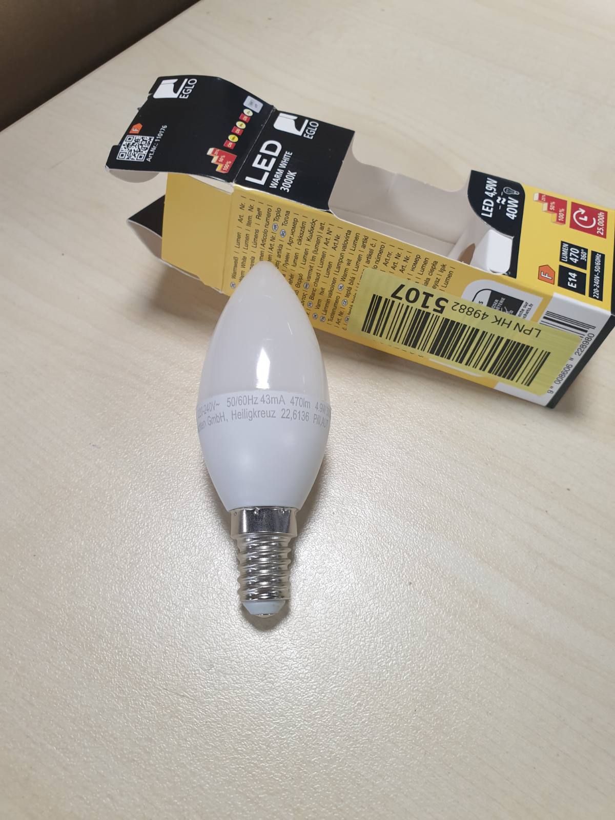 186824 - EGLO LED Llambë C37 E14, 4.9V (ekuivalente me 40V), 470 Lumen, e ngrohtë e bardhë 3000K, e errësueshme në shkallë, formë qiriu me çelës drite, Ø 3.7 cm