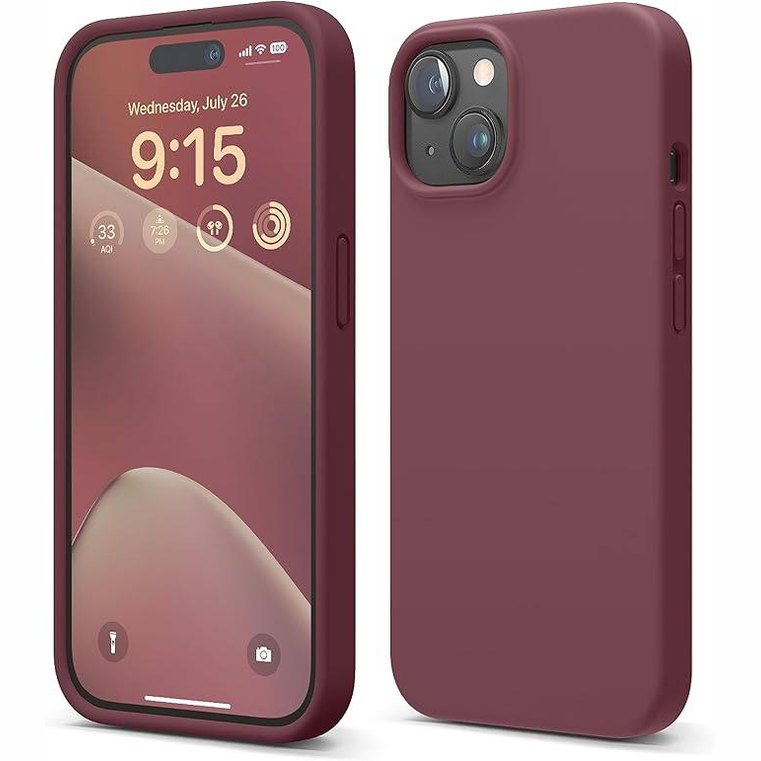 295310 - Këllëf premium prej silikoni të lëngshëm për iPhone 15, ngjyrë bordo.