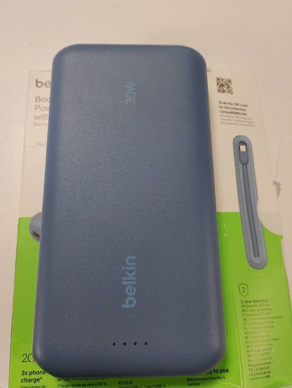 299413 - BELKIN Karikues Portativ, Power Bank 20,000 mAh PD 30W me kabllo të integruar, karikim i shpejtë, dërgim energjie USB-C, për Serinë iPhone 16, iPad Pro, Serinë Galaxy S25 dhe më shumë, blu
