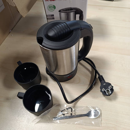 277550 - CLATRONIC Çajnik udhëtimi WKR 3624, kapacitet deri në 0.5 litra, përfshin 2 gota 170 ml, çantë transporti dhe lugë kafeje, çelik inox/i zi