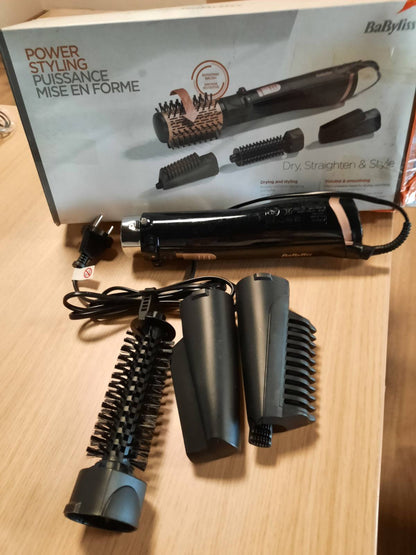 301693 - BABYLISS Furçë rrotulluese për tharëse flokësh AS200E, me 4 aksesorë të ndërrueshëm, funksion jonik, ngjyra e zezë