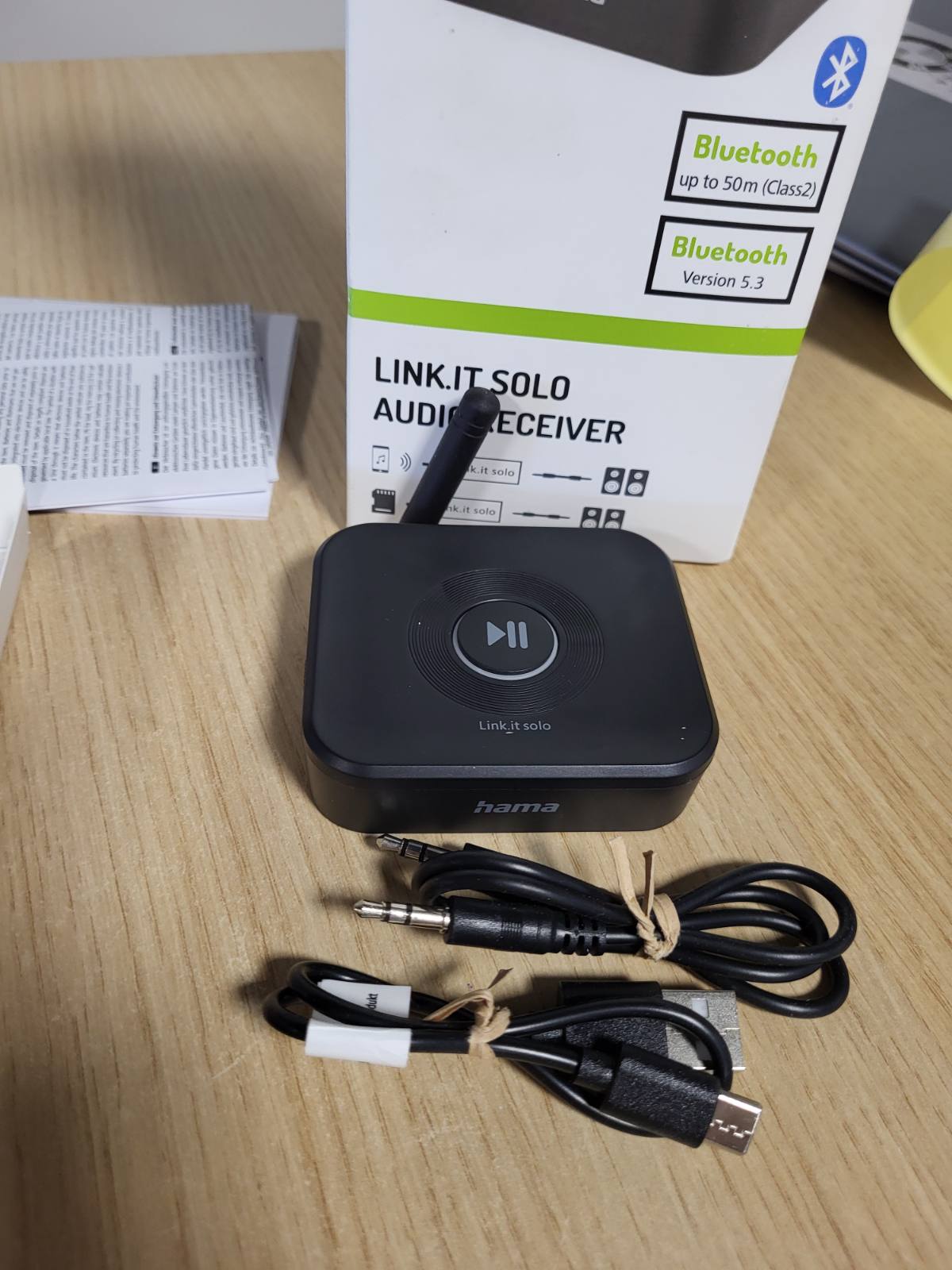 158382 - Hama Link.it solo – Marrës audio Bluetooth – lidhje 3.5 mm – Bluetooth 5.3 – rreze veprimi deri në 50 m – USB-C – ngjyrë e zezë.