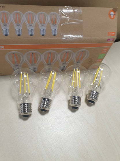 197484 - OSRAM LED Llambat me Efikasitet të lartë, Klasa e Energjisë A, Pako 5 Copë, Zëvendëson 60W, Ngjyra e Bardhë e Ngrohtë (2700K), E27, Xham i Filamentuar, Transparente