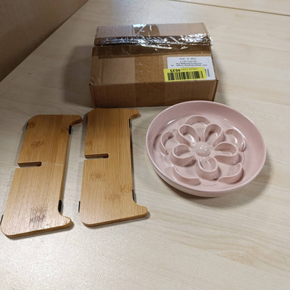 209525 - MACOWN Tas për macë me ngrënie të ngadaltë, Enë prej Melamine me Mbështetëse Bambuje Anti-rrëshqitëse, Dizajni i Lulëve dhe Labirintit, Rozë