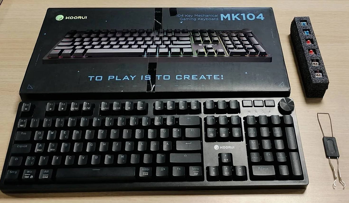 319702 - KOORUI Tastiera për Lojëra Mekanike QWERTZ, 104 Taste, 26 Taste RGB me Ndriçim nga Prapa, për Windows, MacOS, Linux - Blue Switch