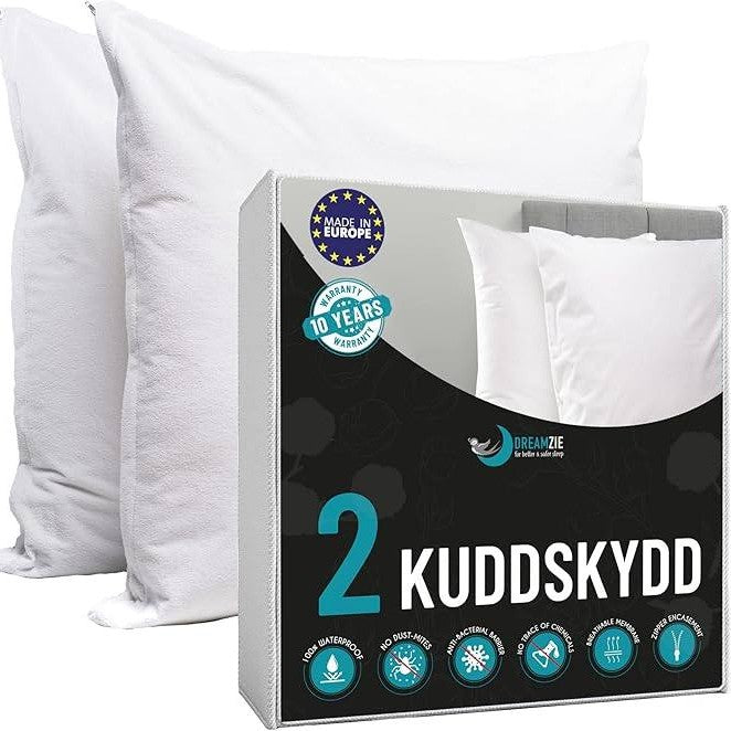 205503 - DREAMZIE – Mbulesë Jastëku e Papërshkueshme nga Uji 80 × 80 cm, 100% Pambuk, e Certifikuar OEKO-TEX®, me 2 Mbrojtëse Jastëku me Zinxhir, E Ajrosur, Hipoalergjike, Kundër Marimangave dhe Antibakteriale