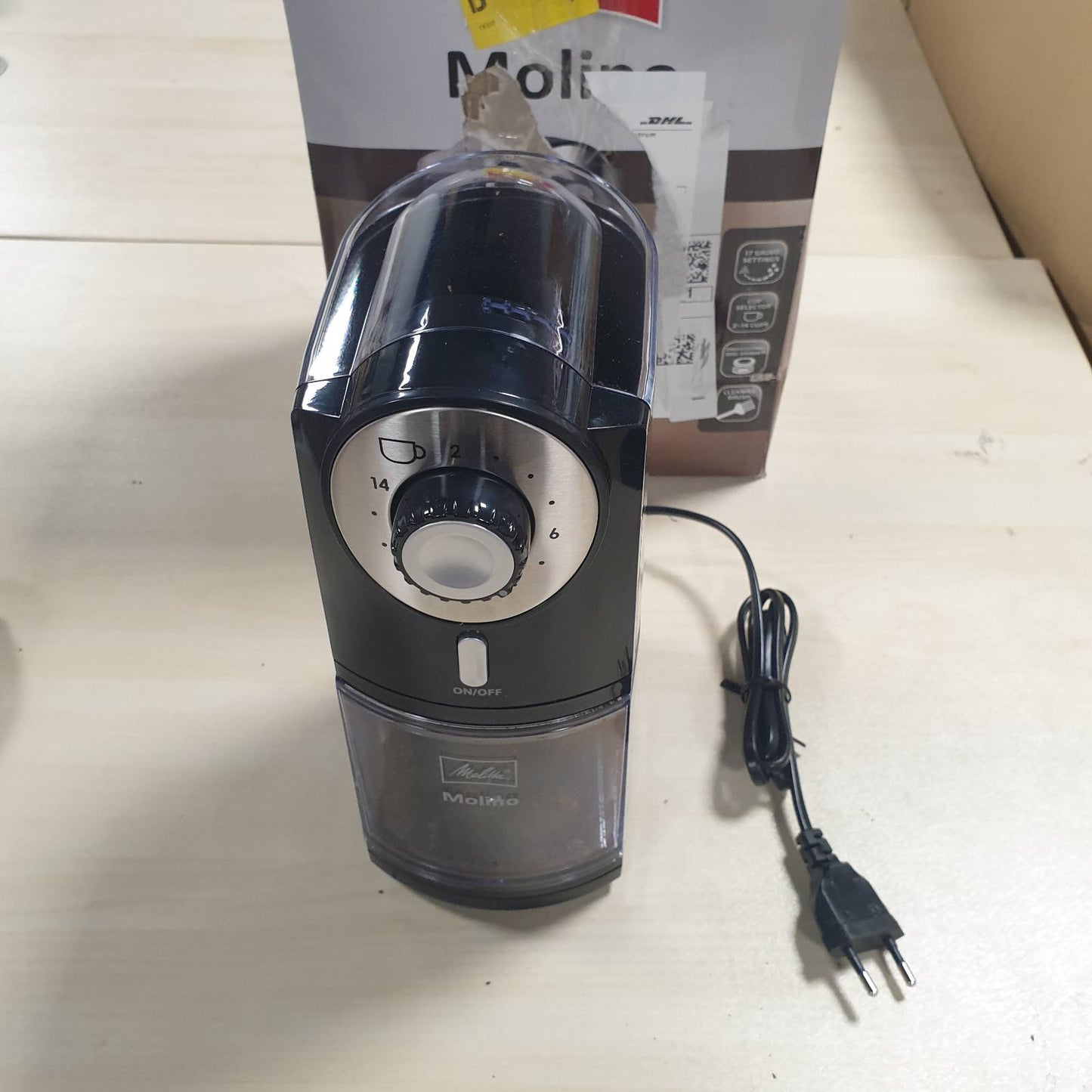288327 - MELITTA Mulli kafeje Molino – Mulli elektrik kafeje me mulli disku për deri në 200g kokrra kafeje, 17 cilësime individuale bluarjeje, për 2–14 filxhanë kafeje, e zezë