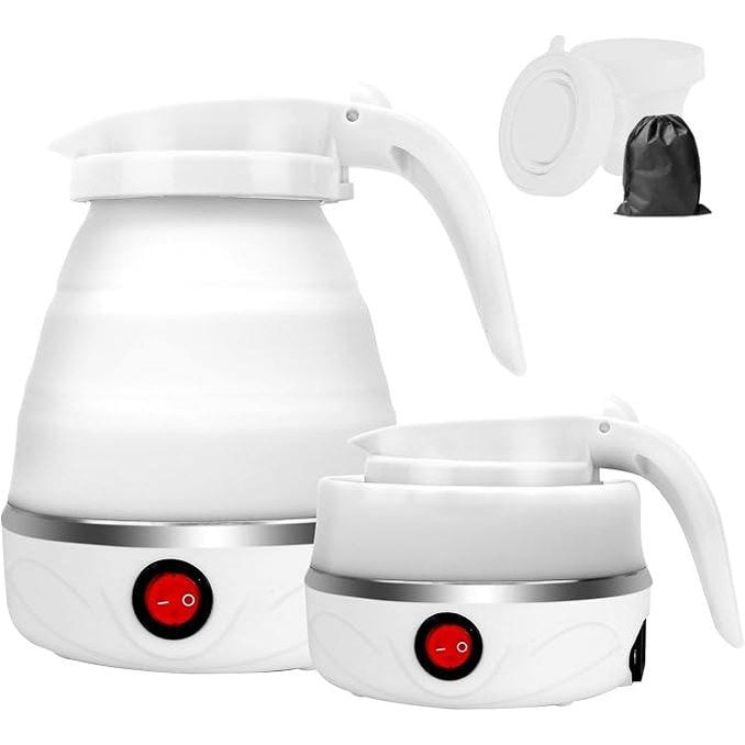 261794 - LOMUG ibrik elektrik silikoni i palosshëm, 600 ml, i vogël dhe portativ, për kamping dhe udhëtime, me 2 gota të palosshme – ngjyrë e bardhë.