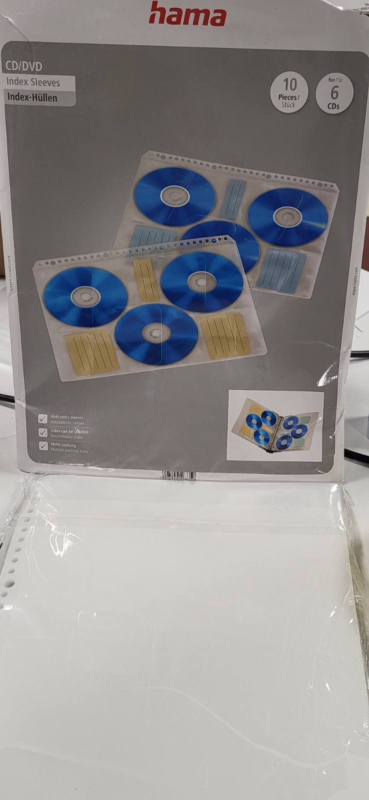 300063 - HAMA Mbështjellëse për CD/DVD/Blu-ray me 60 karta indeksi për etiketim, 10 mbështjellëse për 6 CD/DVD/Blu-ray secila, të përshtatshme për dosje DIN A4, transparente.