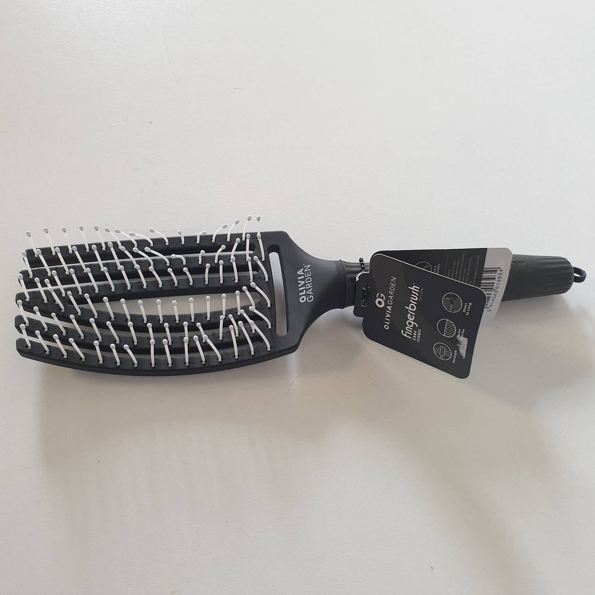 297319 - OLIVIA GARDEN Furçë flokësh Fingerbrush Care Iconic - Mesatare - E zezë - Furçë flokësh me qime najloni për zbërthim të butë dhe flokë të shëndetshëm