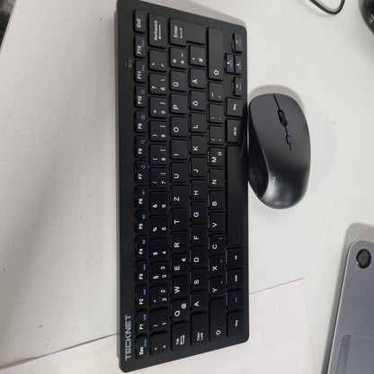310126 - TECKNET Set tastiere dhe mausi pa tel, Paraqitje gjermane QWERTZ, Mini tastierë dhe maus pa tel 2.4 GHz, Rreze veprimi 15 m, I heshtur për PC, Laptop, Smart TV, i zi