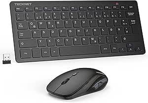 310126 - TECKNET Set tastiere dhe mausi pa tel, Paraqitje gjermane QWERTZ, Mini tastierë dhe maus pa tel 2.4 GHz, Rreze veprimi 15 m, I heshtur për PC, Laptop, Smart TV, i zi